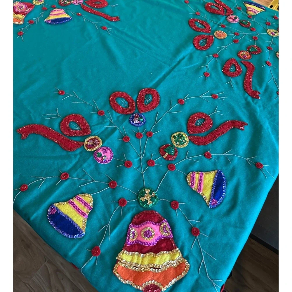 Vintage‎ Handmade Christmas Tablecloth Green Sequin Felt Applique 90x60 Retro